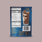 Back view of a Shop FlavCity Chocolate Protein Smoothie packet showing the nutrition facts label, ingredient list, and a glass of chocolate protein drink.