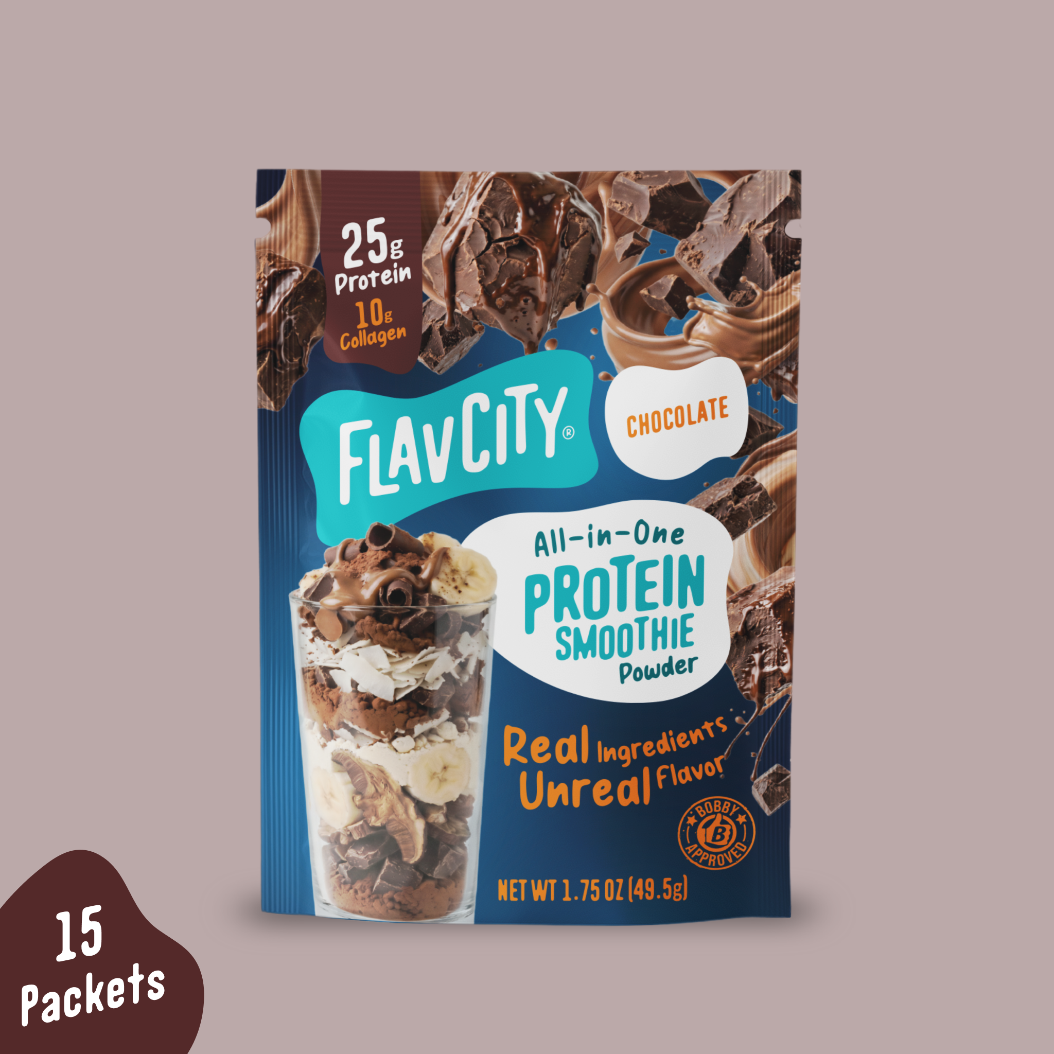 A single serving packet of FlavCity Chocolate Protein Smoothie Packets featuring an image of a smoothie in a glass topped with banana slices and chocolate shavings.