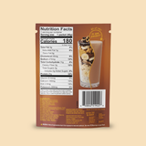 Back of a Chocolate Peanut Butter Protein Smoothie Packets serving packet showing a nutrition facts label, ingredient list, barcode, and an image of a chocolate peanut butter smoothie topped with banana slices and chocolate drizzle.
