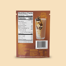 Back of a Chocolate Peanut Butter Protein Smoothie Packets serving packet showing a nutrition facts label, ingredient list, barcode, and an image of a chocolate peanut butter smoothie topped with banana slices and chocolate drizzle.