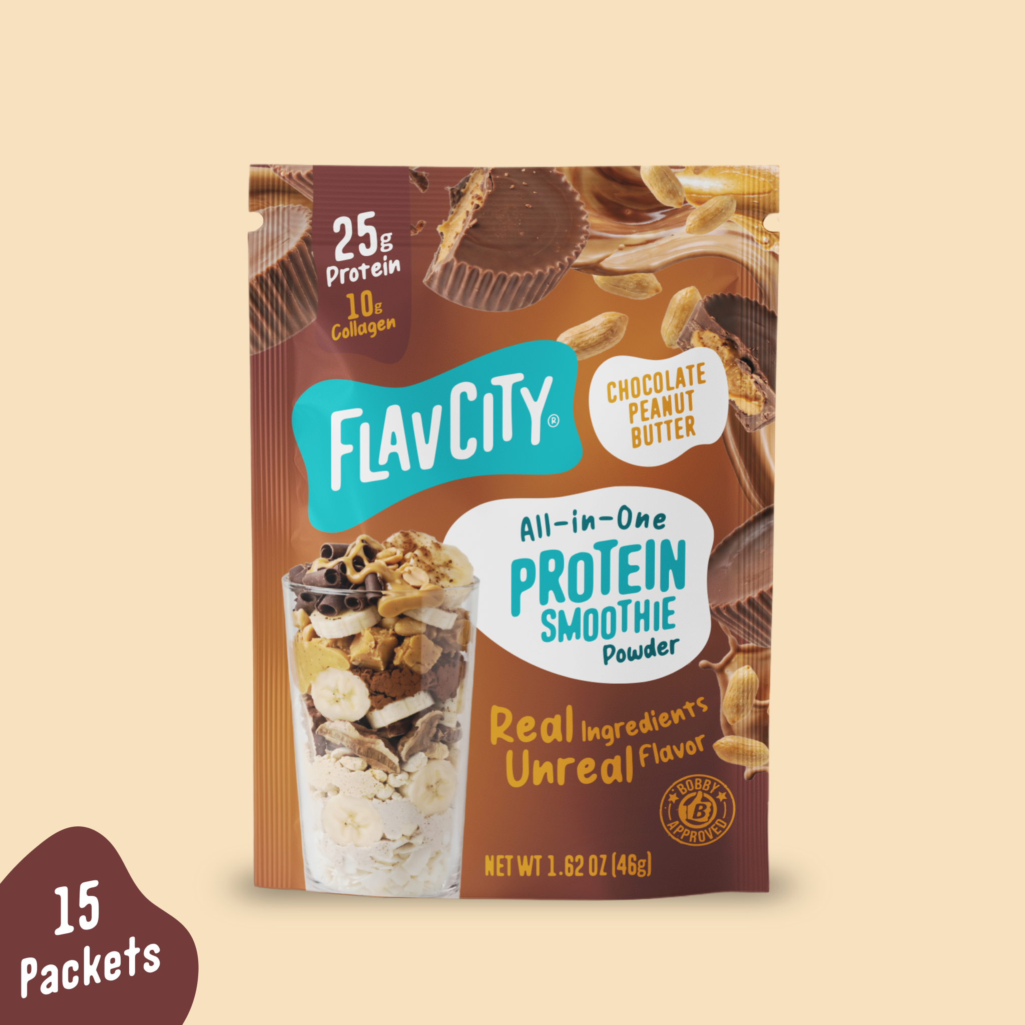 A pouch of FlavCity Chocolate Peanut Butter Protein Smoothie Packets, featuring images of a chocolate peanut butter cup, peanuts, and a glass layered with smoothie ingredients, marked as 15 packets.