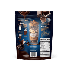Shop FlavCity's Chocolate Protein Smoothie comes in a standing pouch with visible banana slices, oats, and chocolate. The dark blue packaging highlights prep instructions, nutrition facts, collagen, and grass-fed whey details.