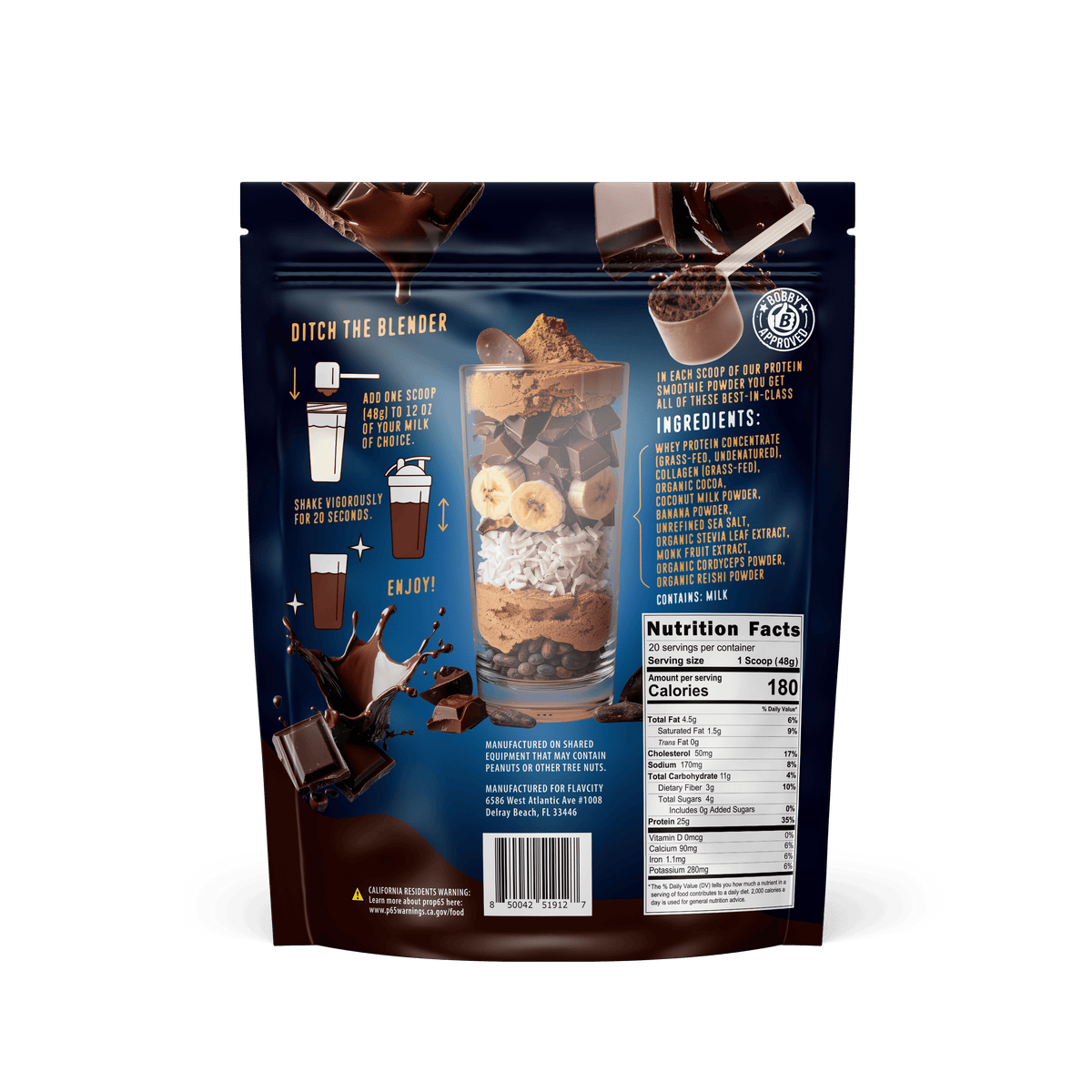 Shop FlavCity's Chocolate Protein Smoothie comes in a standing pouch with visible banana slices, oats, and chocolate. The dark blue packaging highlights prep instructions, nutrition facts, collagen, and grass-fed whey details.