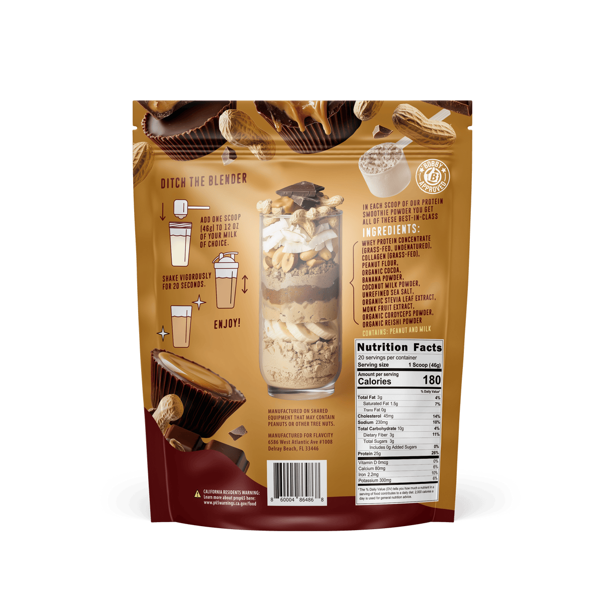 Back of Shop FlavCity’s Chocolate Peanut Butter Protein Smoothie bag shows a smoothie illustration, prep instructions, ingredients with collagen protein and grass-fed whey, nutrition facts, plus images of peanut butter cups and peanuts on a brown background.