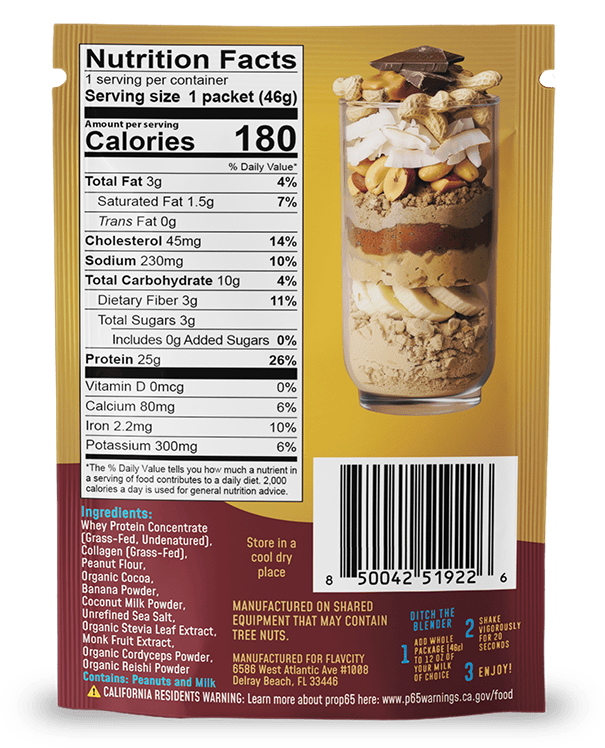 Back of a Shop FlavCity Chocolate Peanut Butter Protein Smoothie Packets box displaying nutrition facts, ingredients list, manufacturer’s details, barcode, and a tall glass showcasing layers of nuts, protein powder, and chocolate pieces.