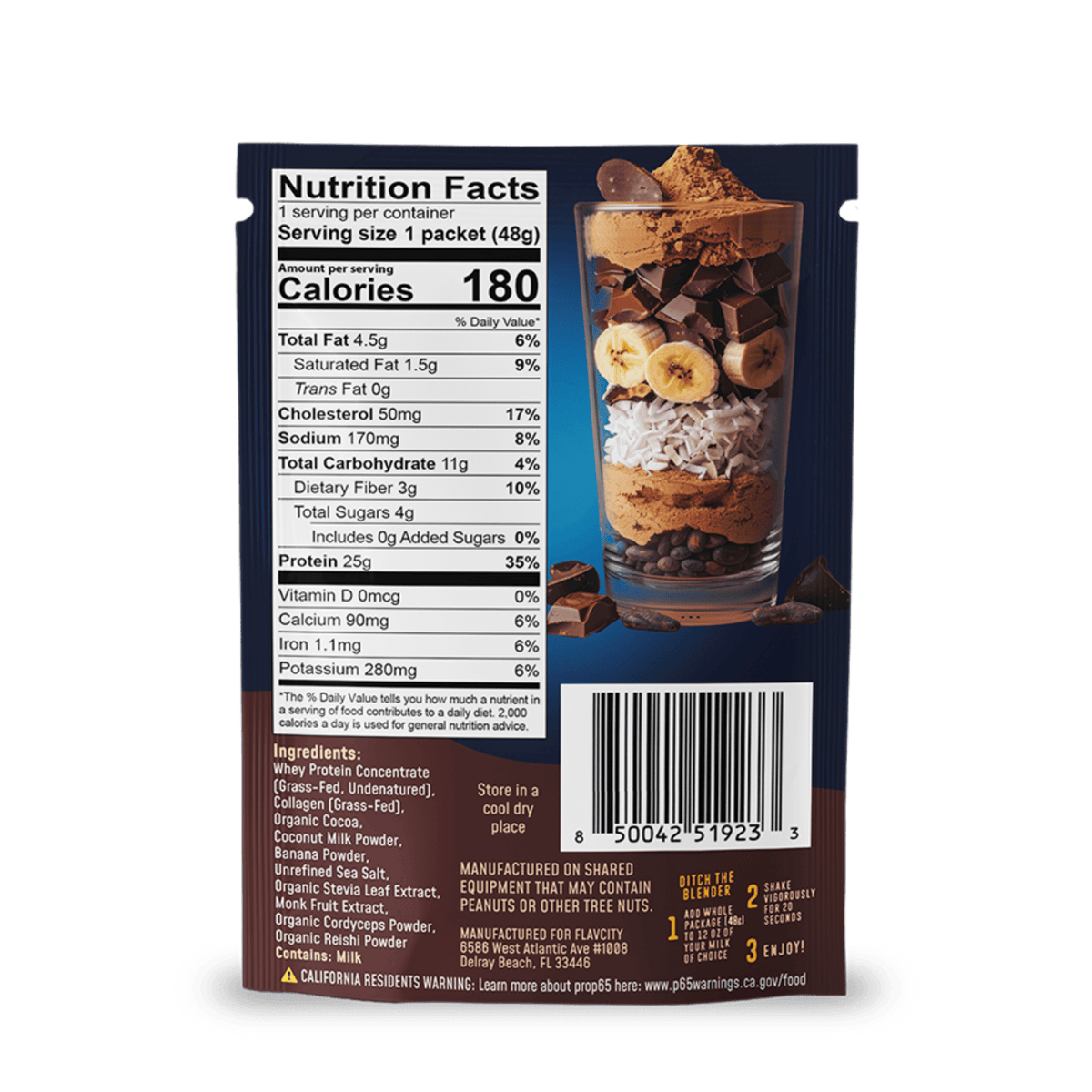 A FlavCity Cafe Bobby's Picks package shows a nutrition facts label and a barcode, with a glass full of chocolate, banana slices, oats, coconut flakes, peanuts, and grass-fed whey protein layered inside.