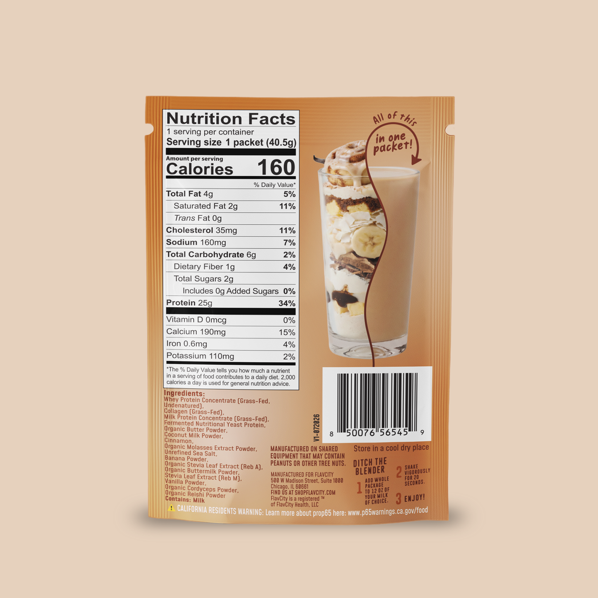 Back of a Cinnamon Roll Protein Smoothie Packets single-serving packet showing nutrition facts, ingredients, a barcode, and a picture of a cinnamon roll.