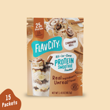 A pouch of Shop FlavCity Cinnamon Roll Protein Smoothie Packets showing a layered smoothie, a cinnamon roll, and cinnamon sticks, marked with 25g protein, 10g collagen, and a 15-packet count.