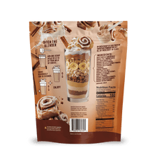 The back of the Shop FlavCity Cinnamon Roll Protein Smoothie pouch shows a cinnamon roll parfait, smoothie mixing instructions, ingredients, nutrition facts, and images of cinnamon rolls and bananas on a light brown background.