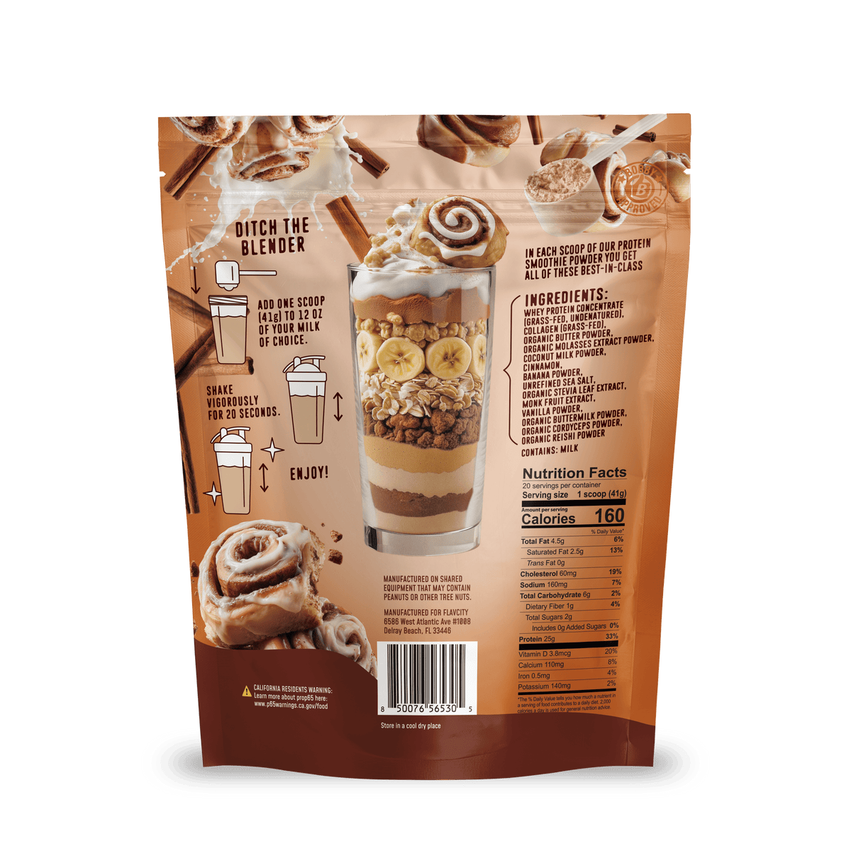 The back of the Shop FlavCity Cinnamon Roll Protein Smoothie pouch shows a cinnamon roll parfait, smoothie mixing instructions, ingredients, nutrition facts, and images of cinnamon rolls and bananas on a light brown background.