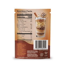 Back of a Cinnamon Roll Protein Smoothie Packets box from Shop FlavCity, displaying nutrition facts and an image of a parfait with bananas, granola, and a wafer stick in a clear glass. Barcode and product details appear at the bottom.