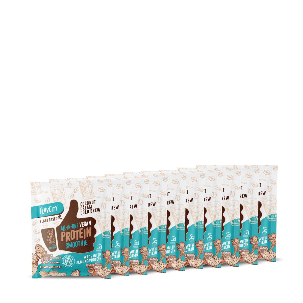 A row of Shop FlavCity Plant-Based Coconut Cold Brew Protein Smoothie single-serve packets (10 pack) is arranged side by side, displaying the product name and coconut illustrations on the packaging.