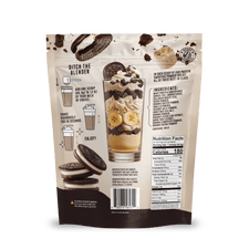 Back of a Shop FlavCity Cookies & Cream Protein Smoothie package featuring a glass layered with cookies, banana slices, coconut flakes, and collagen protein; includes recipe instructions, ingredient list, nutrition facts, and cookie images.