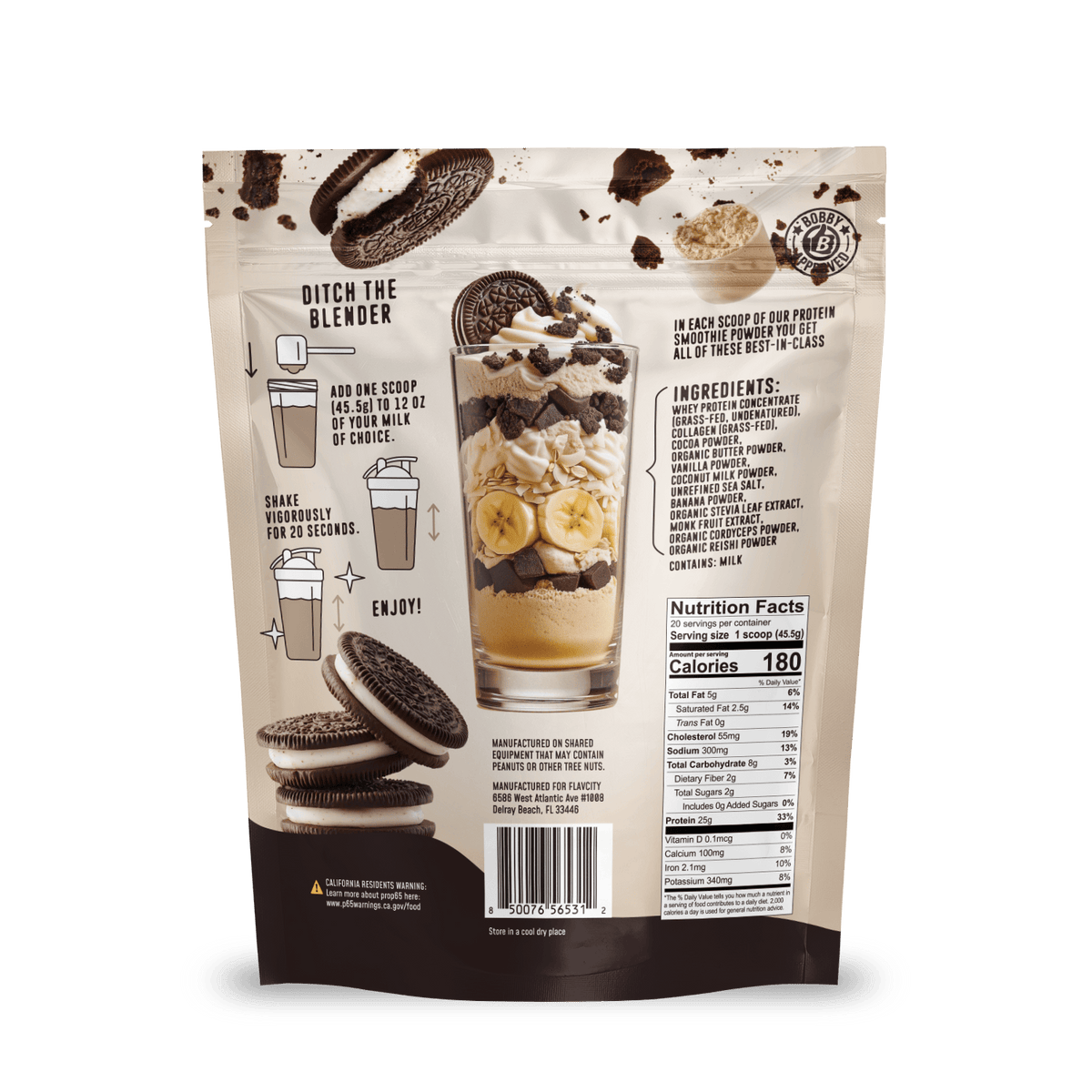 Back of a Shop FlavCity Cookies & Cream Protein Smoothie package featuring a glass layered with cookies, banana slices, coconut flakes, and collagen protein; includes recipe instructions, ingredient list, nutrition facts, and cookie images.