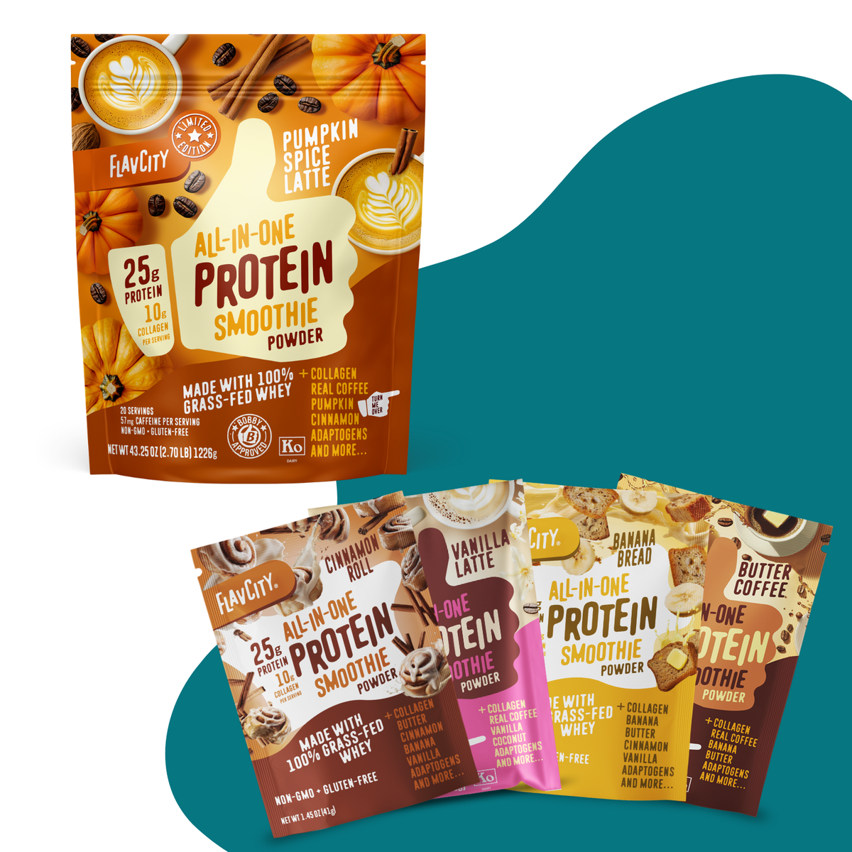Five Cozy Cafe protein smoothie powder pouches from Shop FlavCity—in café-inspired flavors including Pumpkin Spice Latte, Vanilla Latte, Strawberry, Banana Bread, and Butter Coffee with added collagen—are displayed on a white surface against a teal abstract background.