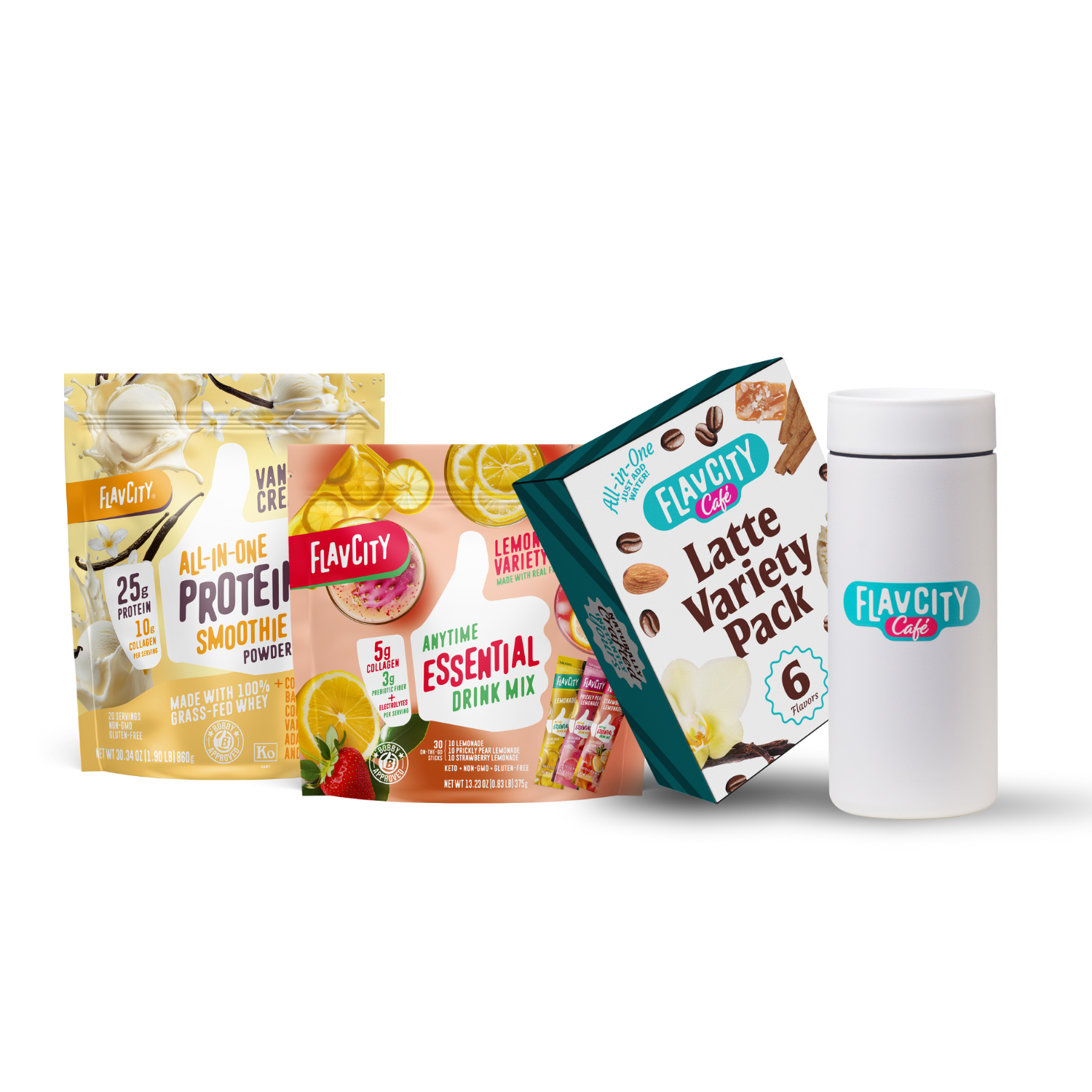 Four FlavCity Cafe products are shown: the Daily Ritual Bundle with Vanilla Cream Protein Smoothie, Lemon Anytime Essential Drink Mix, Latte Variety Pack, and a white FlavCity Cafe shaker bottle on a white background.