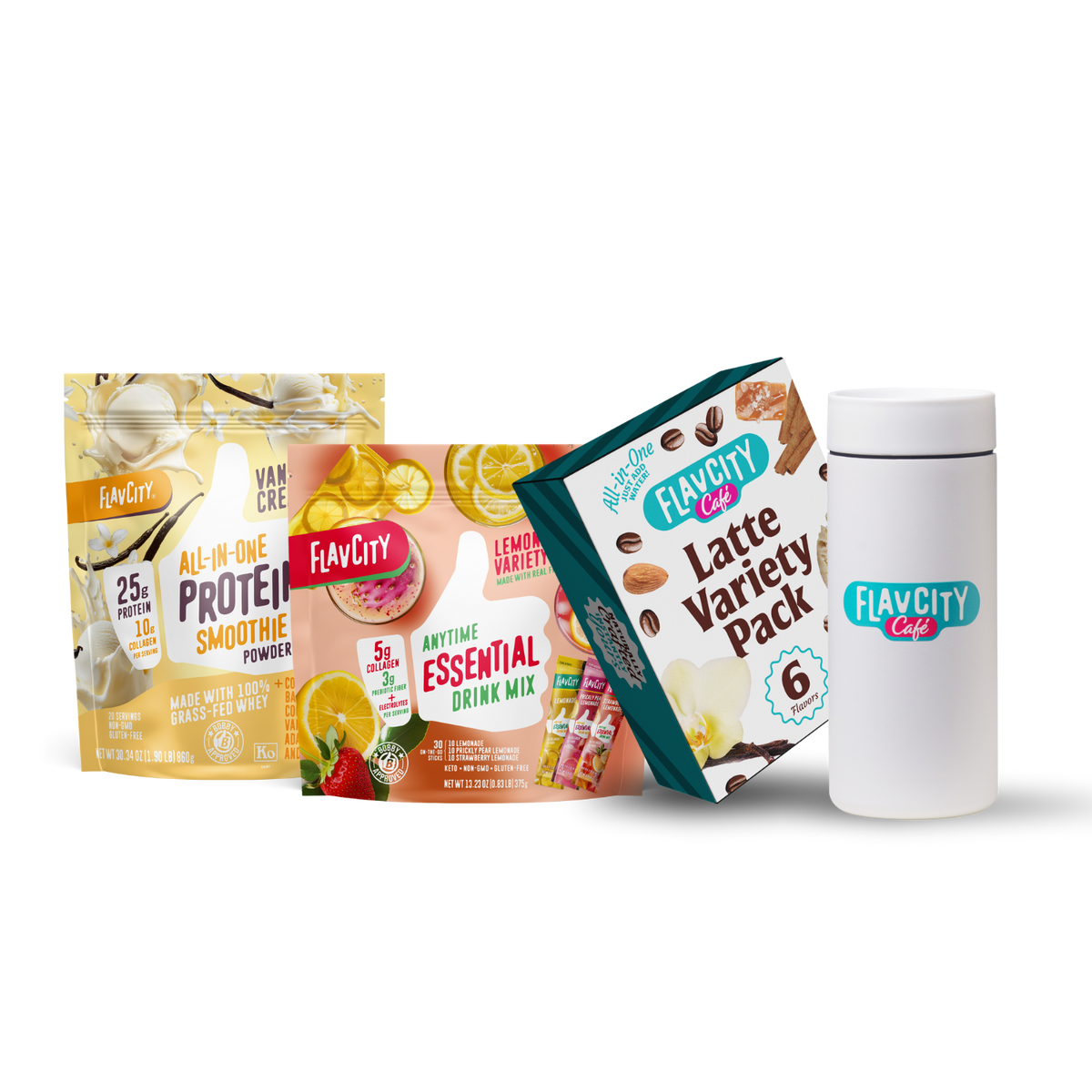 Four FlavCity Cafe products are shown: the Daily Ritual Bundle with Vanilla Cream Protein Smoothie, Lemon Anytime Essential Drink Mix, Latte Variety Pack, and a white FlavCity Cafe shaker bottle on a white background.