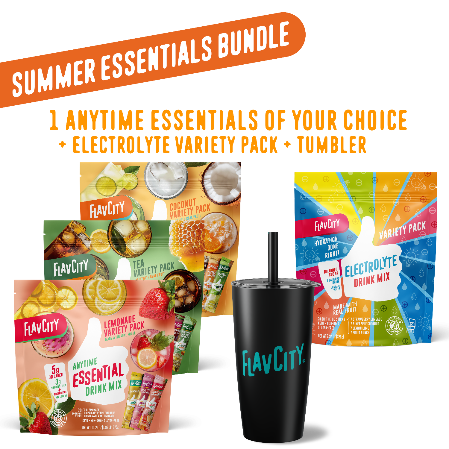 Shop FlavCity Summer Essentials Bundle: includes drink mix variety packs, collagen-infused Electrolyte Variety Pack, and a black tumbler with straw. Offer details showcased on a bold black background.
