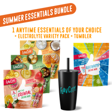 Shop FlavCity Summer Essentials Bundle: includes drink mix variety packs, collagen-infused Electrolyte Variety Pack, and a black tumbler with straw. Offer details showcased on a bold black background.