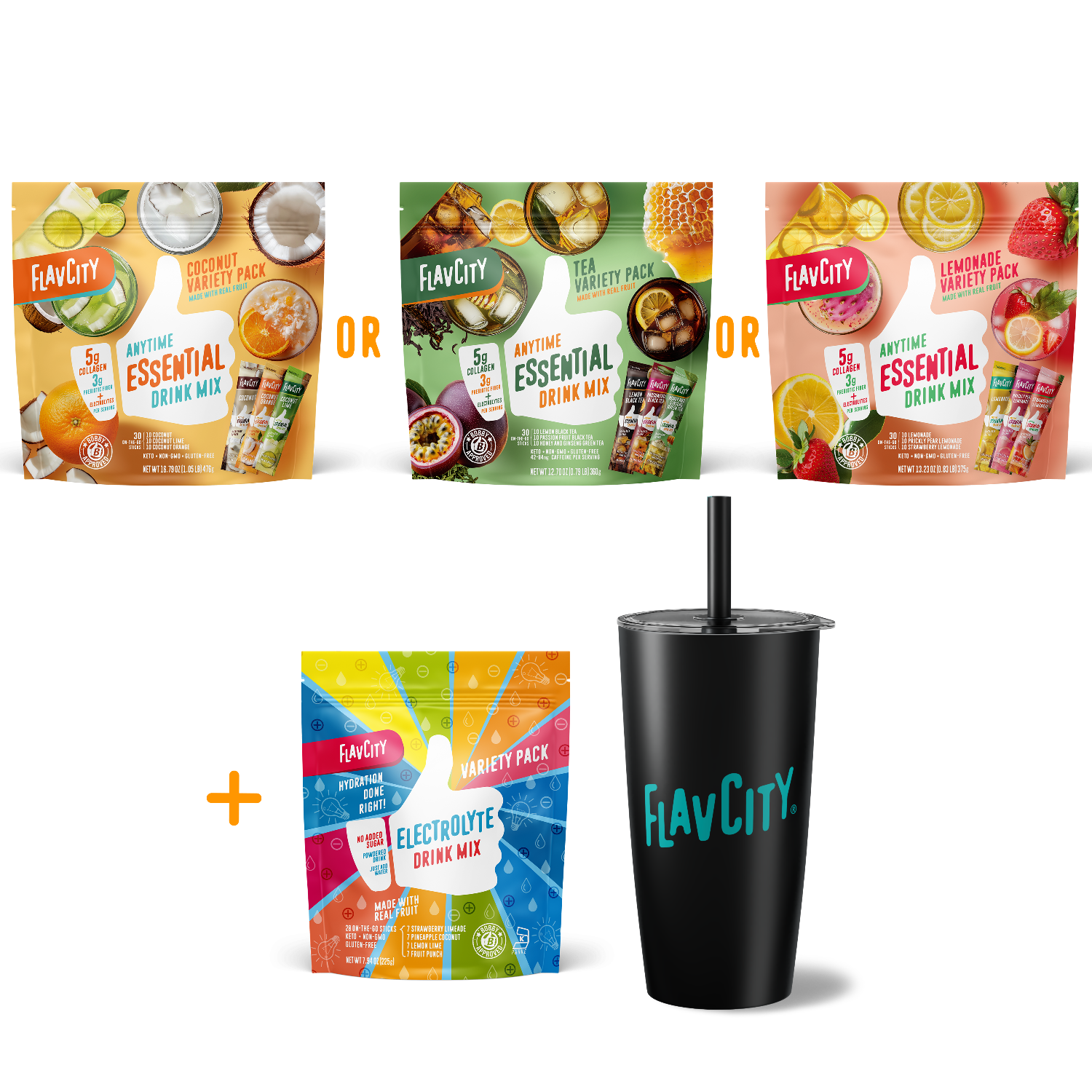 The Shop FlavCity Summer Essentials Bundle features three Anytime Essential Drink Mix packs, an Electrolyte Variety Pack, and a black tumbler with straw—ideal for staying hydrated and refreshed with collagen anywhere.