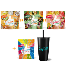 The Shop FlavCity Summer Essentials Bundle features three Anytime Essential Drink Mix packs, an Electrolyte Variety Pack, and a black tumbler with straw—ideal for staying hydrated and refreshed with collagen anywhere.