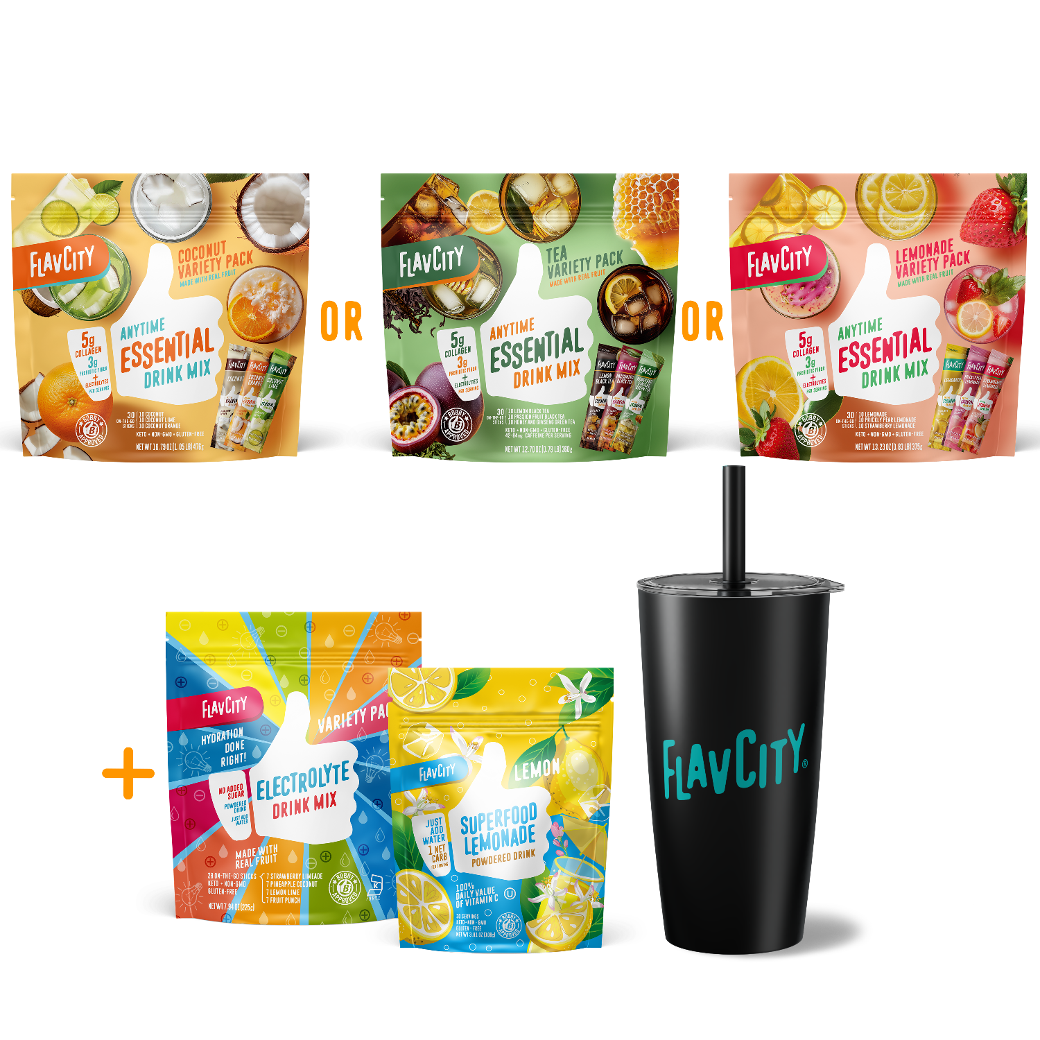 FLAV CITY drink mix packages and a black tumbler on a white background