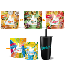 FLAV CITY drink mix packages and a black tumbler on a white background