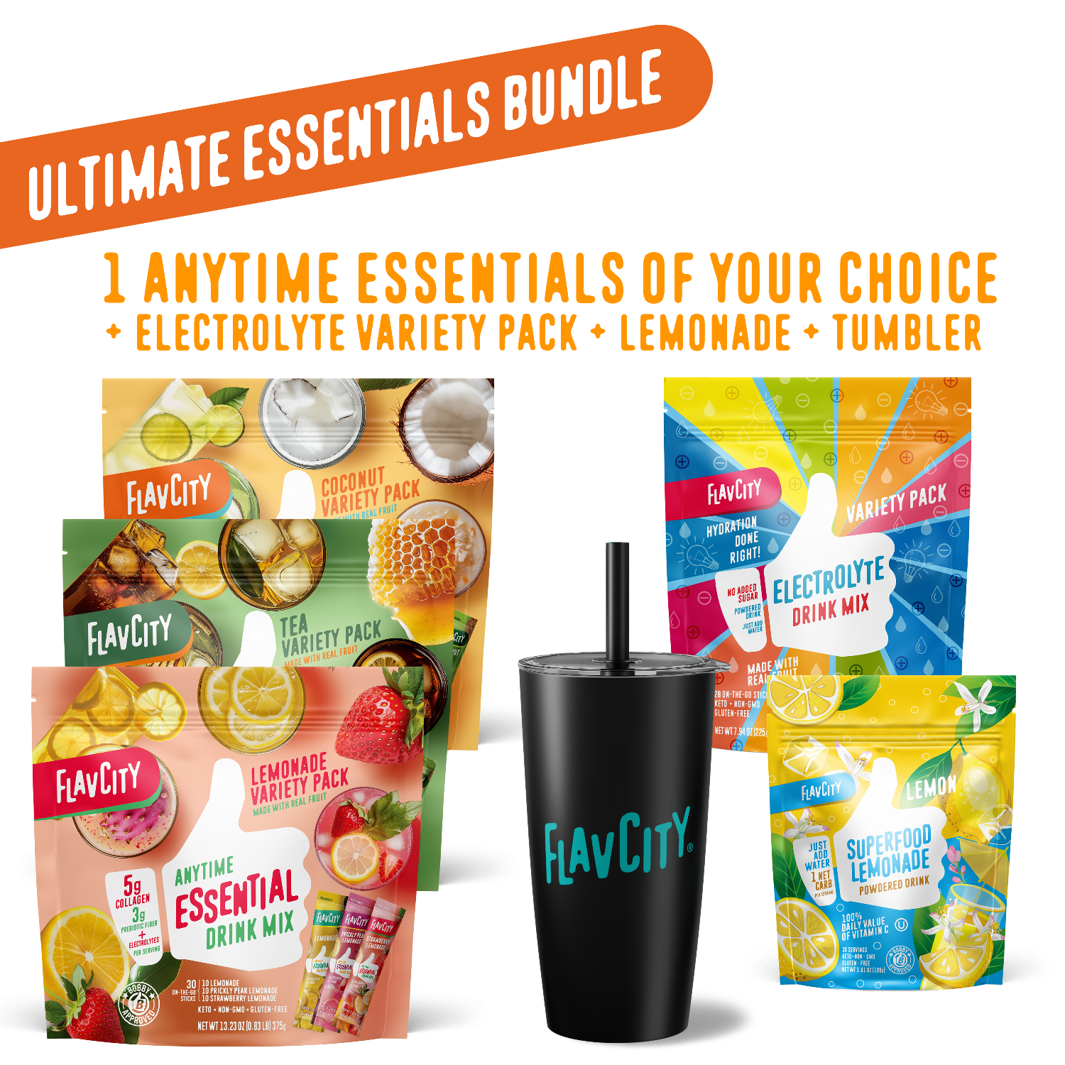 FlavCity drink mix packages and tumbler with promotional text on a white background
