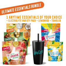 FlavCity drink mix packages and tumbler with promotional text on a white background