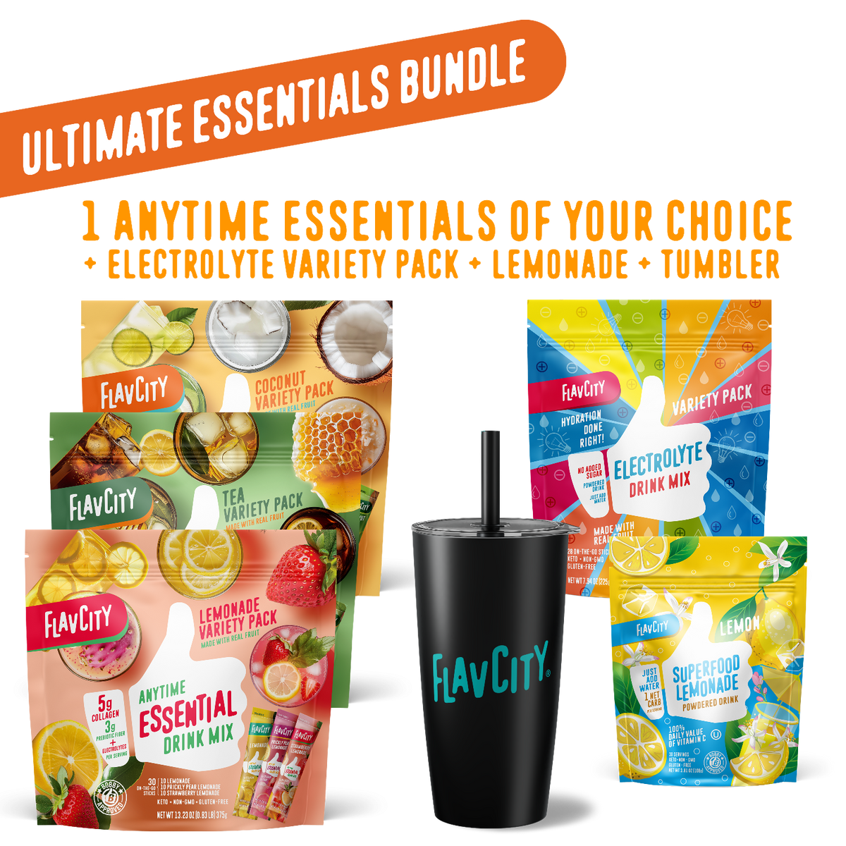 FlavCity drink mix packages and tumbler with promotional text on a white background