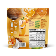 Packaging of FlavCity Anytime Essentials coconut orange drink mix with nutritional information on a white background