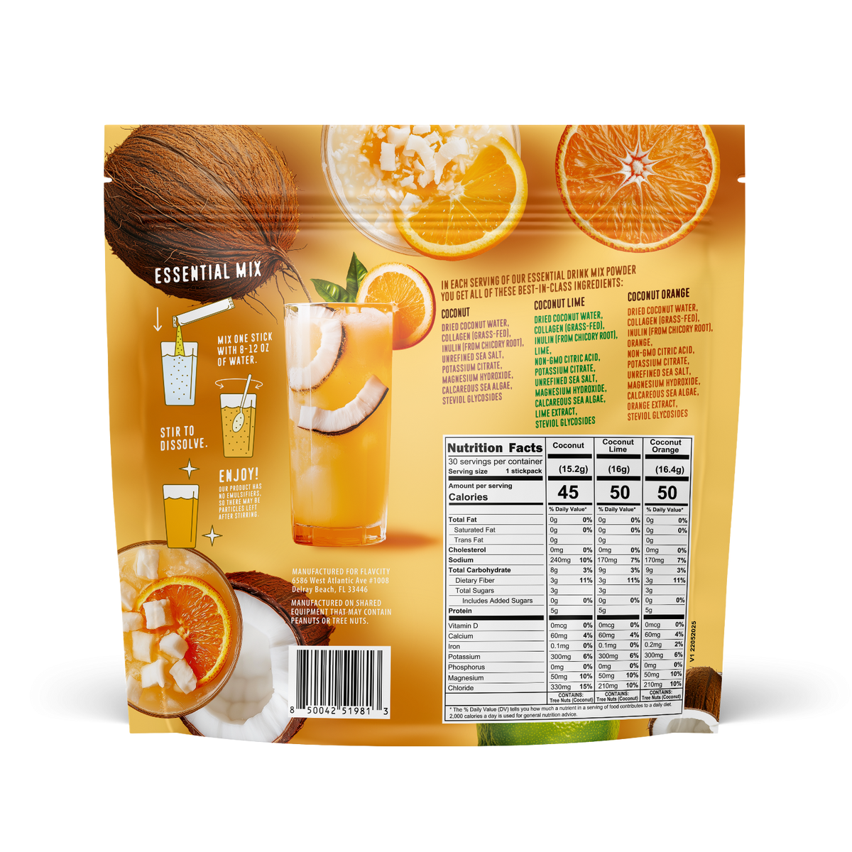 Packaging of FlavCity Anytime Essentials coconut orange drink mix with nutritional information on a white background