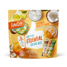 FlavCity Anytime Essentials coconut variety pack drink mix on a white background