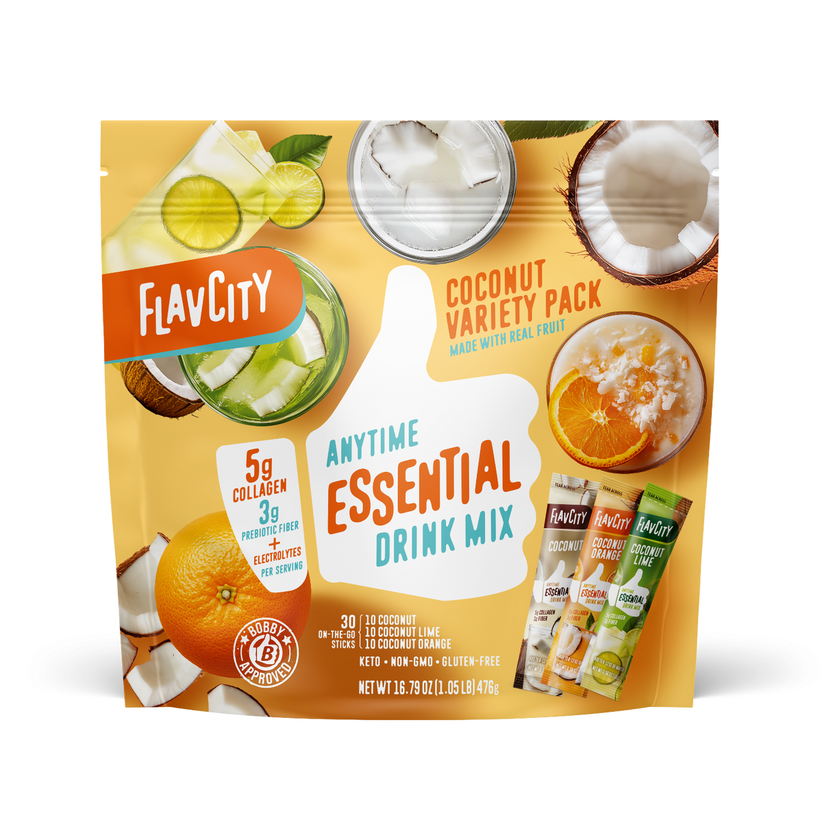 FlavCity Anytime Essentials coconut variety pack drink mix on a white background