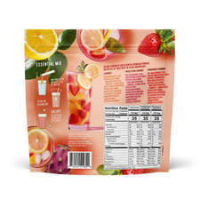 Back view of FlavCity Anytime Essentials Drink Mix Lemonade pouch showing nutrition facts, ingredients list, preparation instructions, and product branding on a bright yellow background.