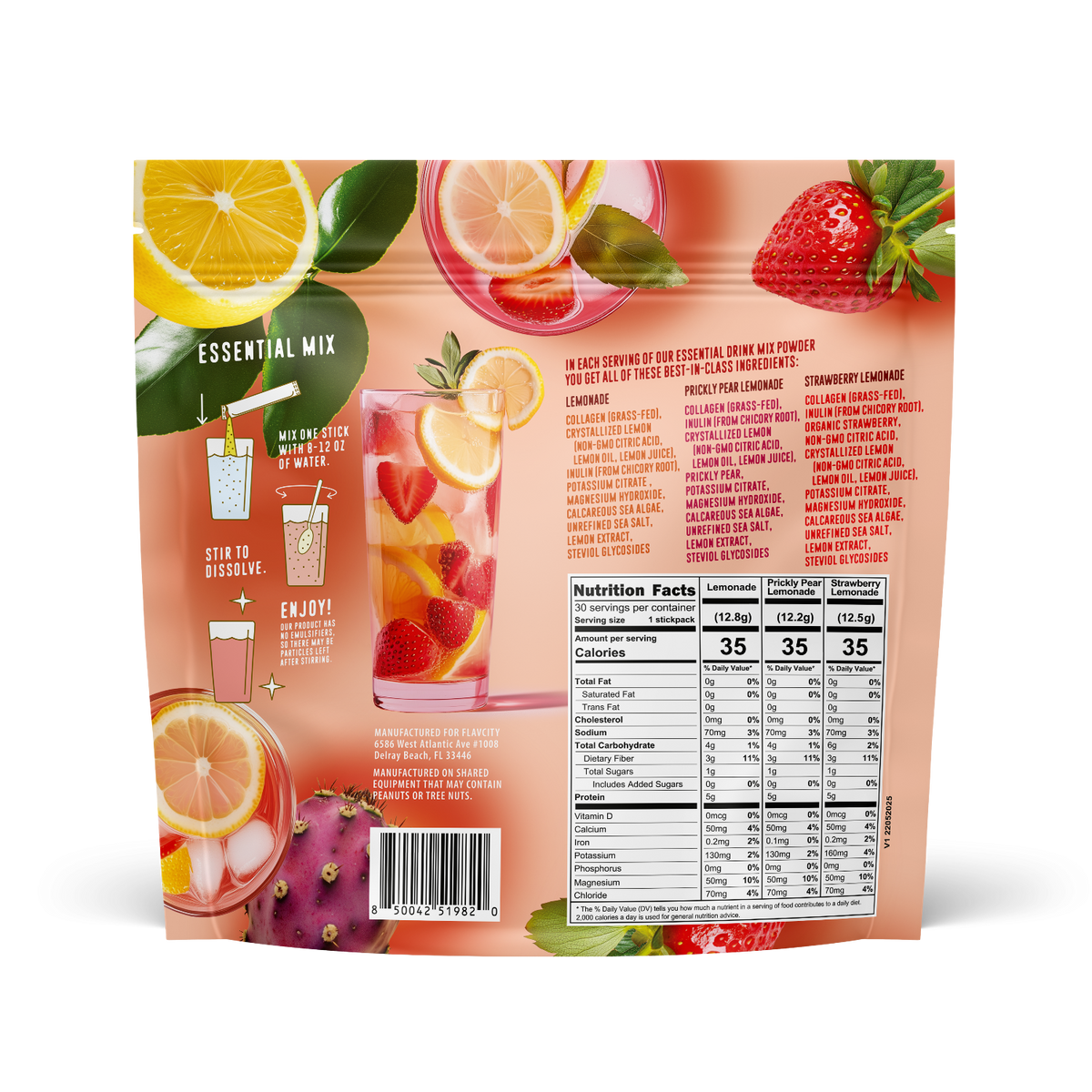 Back view of FlavCity Anytime Essentials Drink Mix Lemonade pouch showing nutrition facts, ingredients list, preparation instructions, and product branding on a bright yellow background.