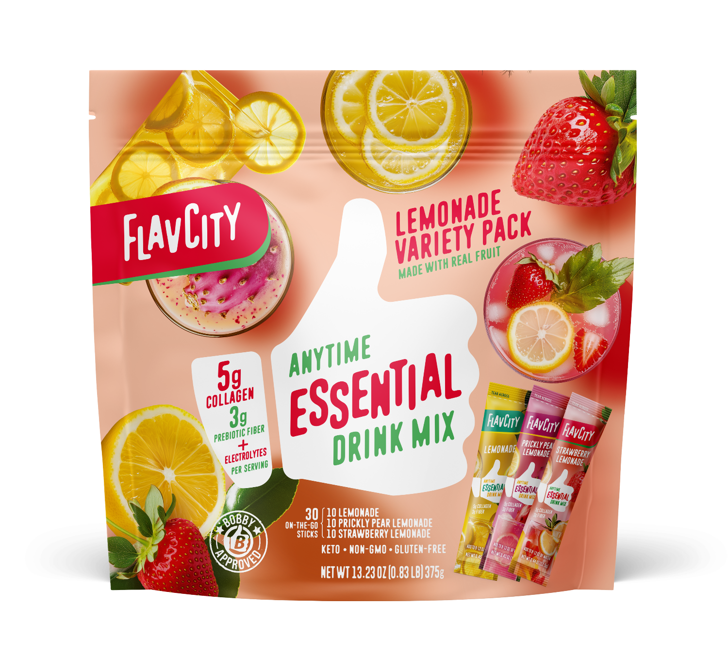Front view of FlavCity Anytime Essentials Drink Mix Lemonade pouch featuring bold branding, the Lemonade flavor name, and vibrant yellow fruit graphics on a bright, eye-catching background.