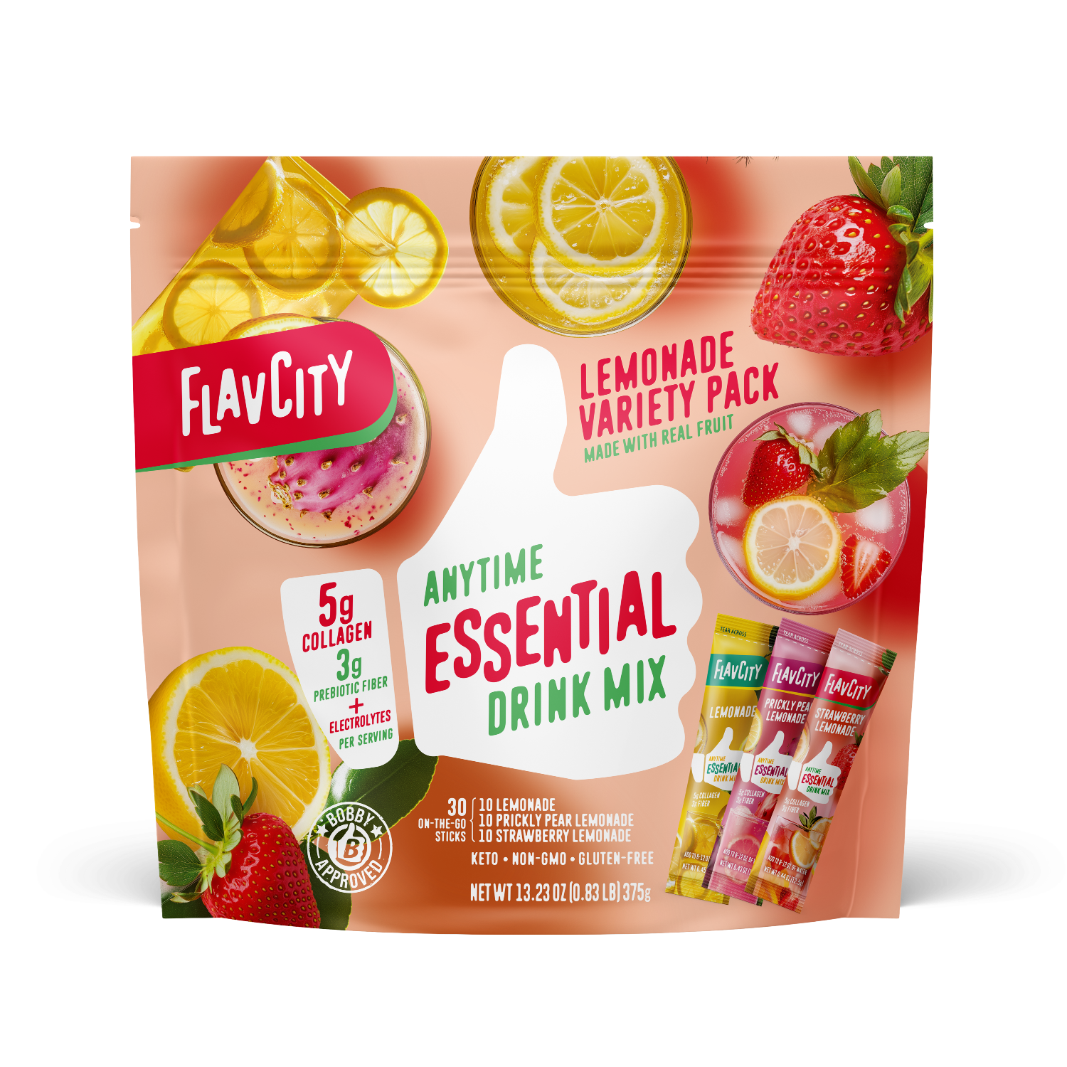 Front view of FlavCity Anytime Essentials Drink Mix Lemonade pouch featuring bold branding, the Lemonade flavor name, and vibrant yellow fruit graphics on a bright, eye-catching background.