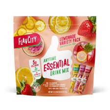 Front view of FlavCity Anytime Essentials Drink Mix Lemonade pouch featuring bold branding, the Lemonade flavor name, and vibrant yellow fruit graphics on a bright, eye-catching background.