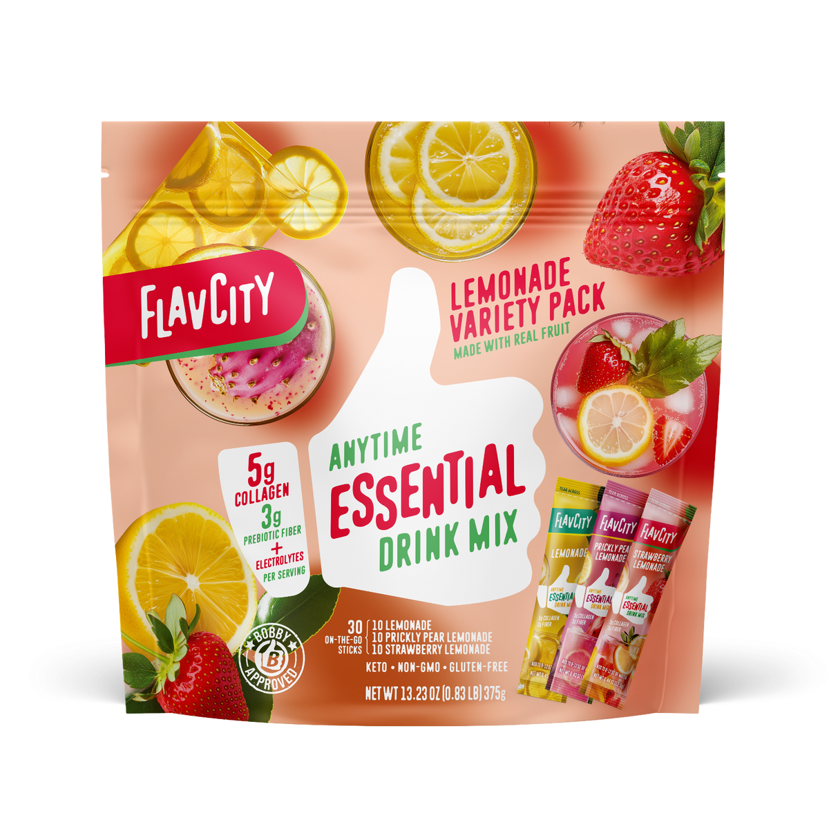 Front view of FlavCity Anytime Essentials Drink Mix Lemonade pouch featuring bold branding, the Lemonade flavor name, and vibrant yellow fruit graphics on a bright, eye-catching background.