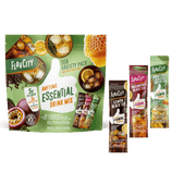 A Tea Anytime Essential Variety Pack featuring Lemon Black Tea, Passion Fruit Black Tea, and Honey and Ginseng Green Tea, displayed with the product pouch and three individual single-serve caffeine tea packets.