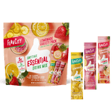 A Shop FlavCity Lemonade Anytime Essential Variety Pack featuring lemonade, prickly pear lemonade, and strawberry lemonade flavors, displayed with the outer pouch and three electrolyte hydration serving packets.