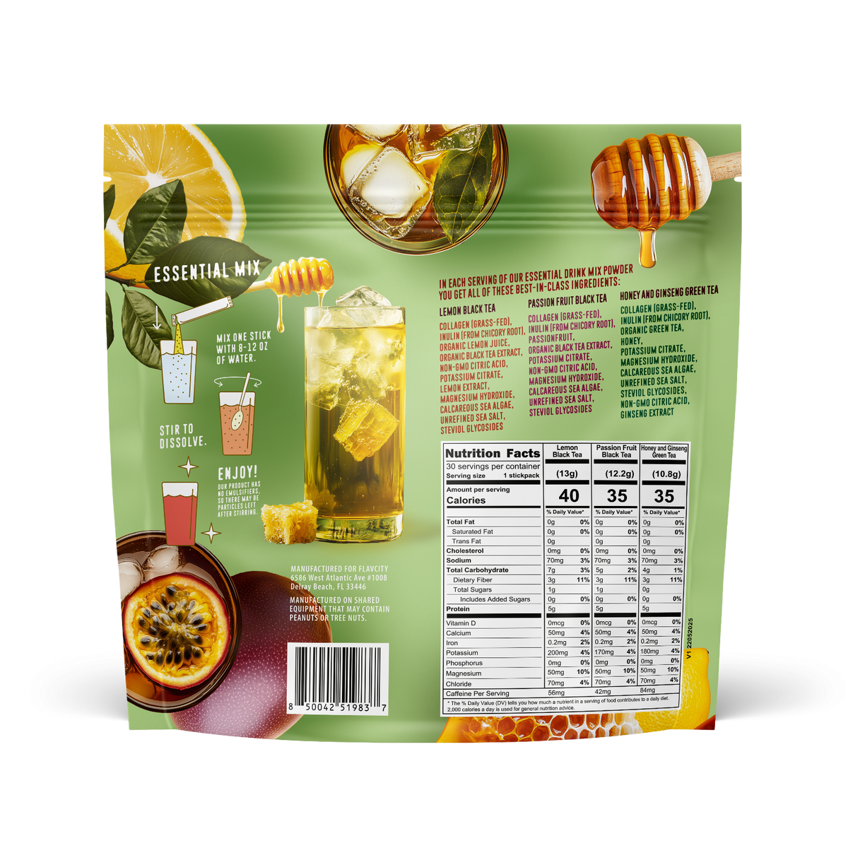 Back view of FlavCity Anytime Essentials Drink Mix Tea pouch showing nutrition facts, ingredients list, preparation instructions, and product branding on a green and white background.