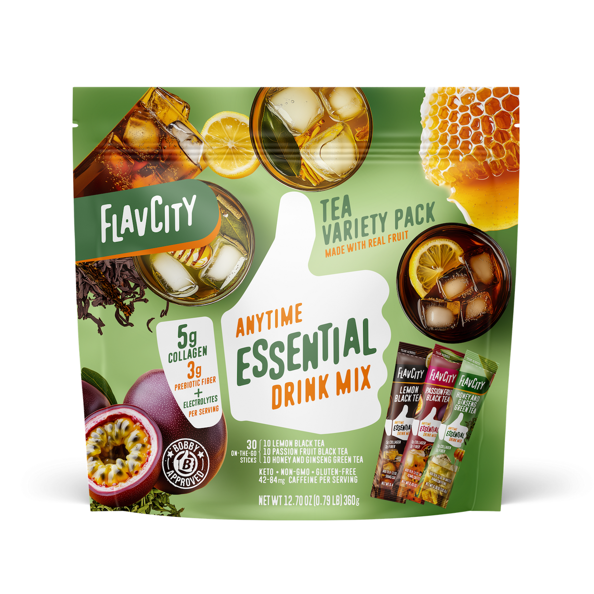 Front view of FlavCity Anytime Essentials Drink Mix Tea pouch with bold branding, flavor name, and calming tea leaf graphics on a green and white background.