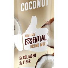FlavCity Anytime Essentials Coconut drink mix package with a glass of coconut milk.