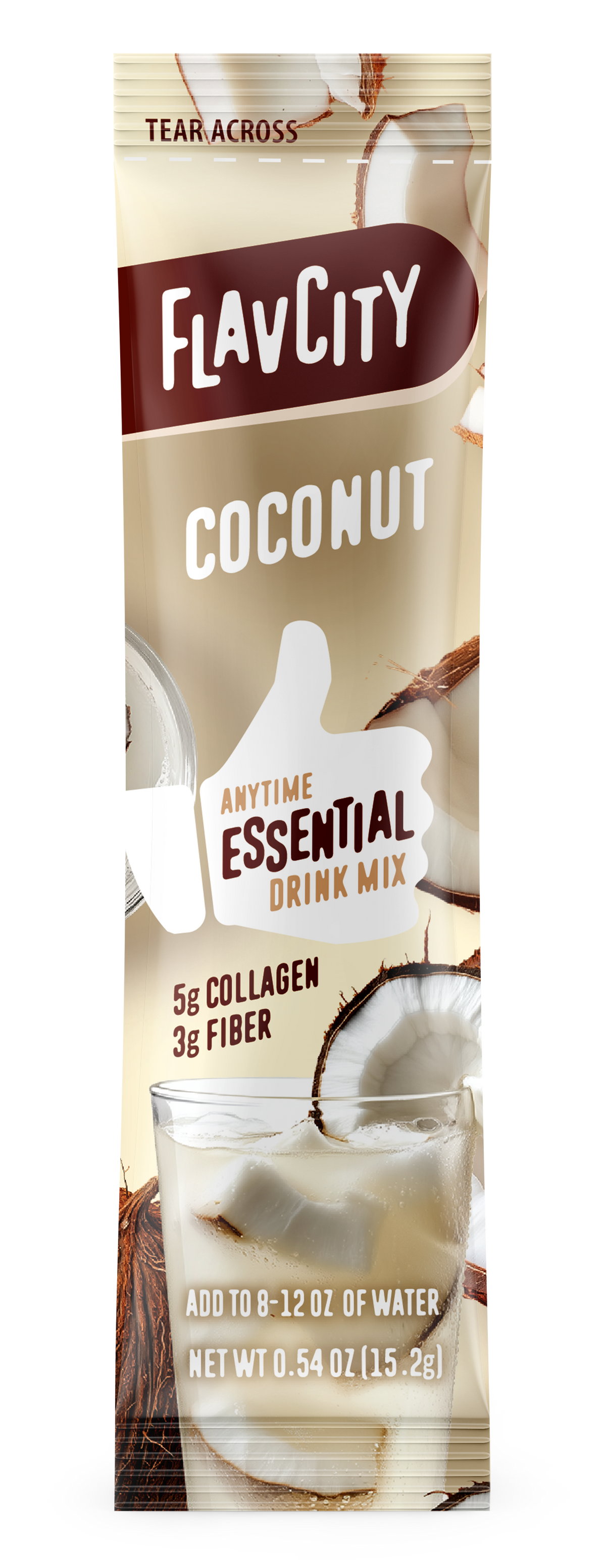 FlavCity Anytime Essentials Coconut drink mix package with a glass of coconut milk.