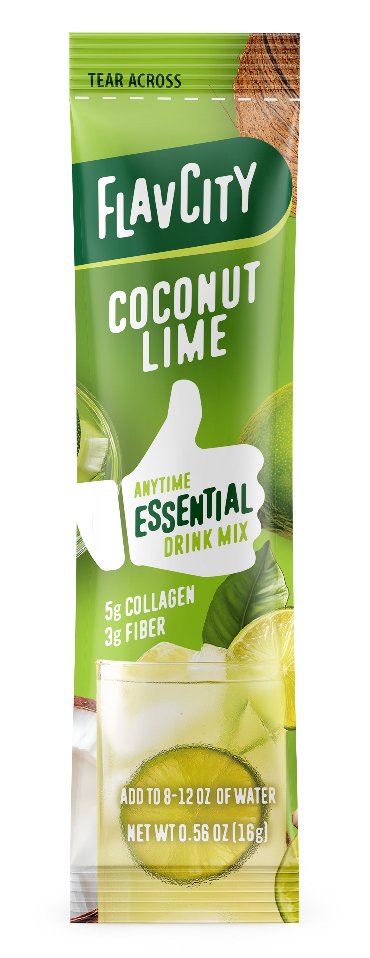 FlavCity Anytime Essentials Coconut Lime drink mix package on a white background