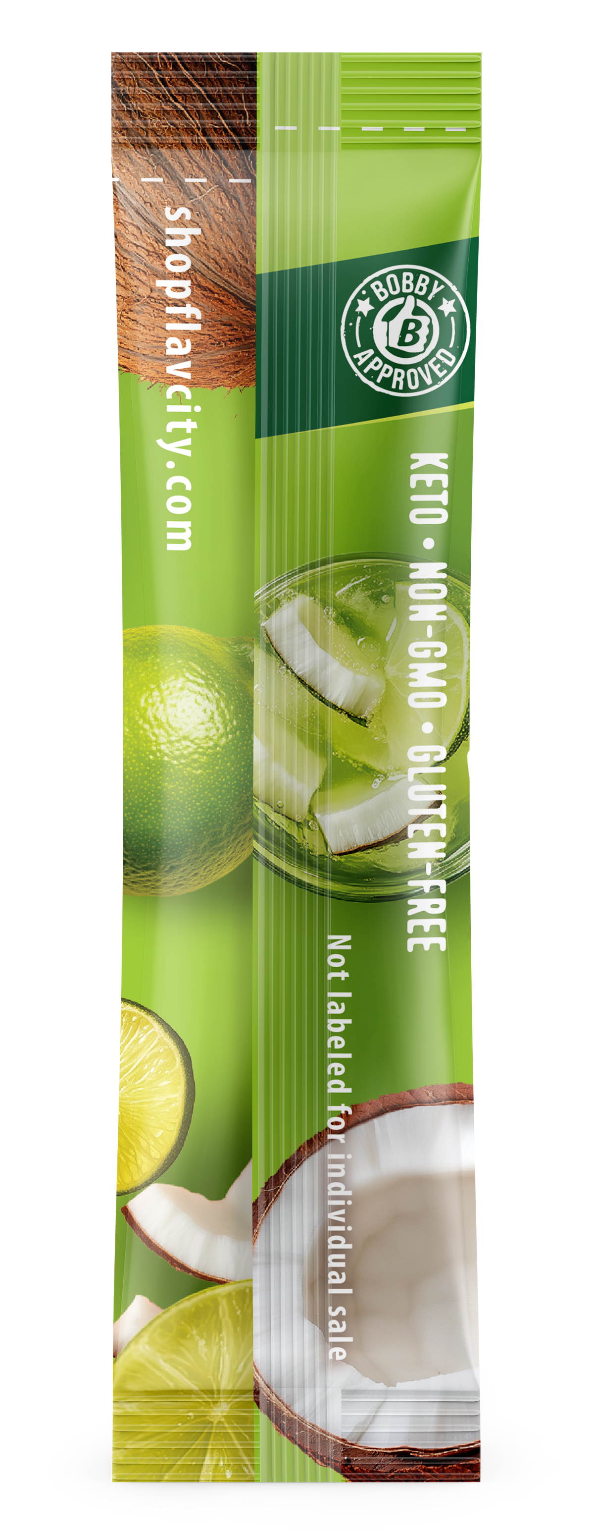 FlavCity Anytime Essentials keto, non-gmo, gluten-free product packaging with lime and coconut imagery.