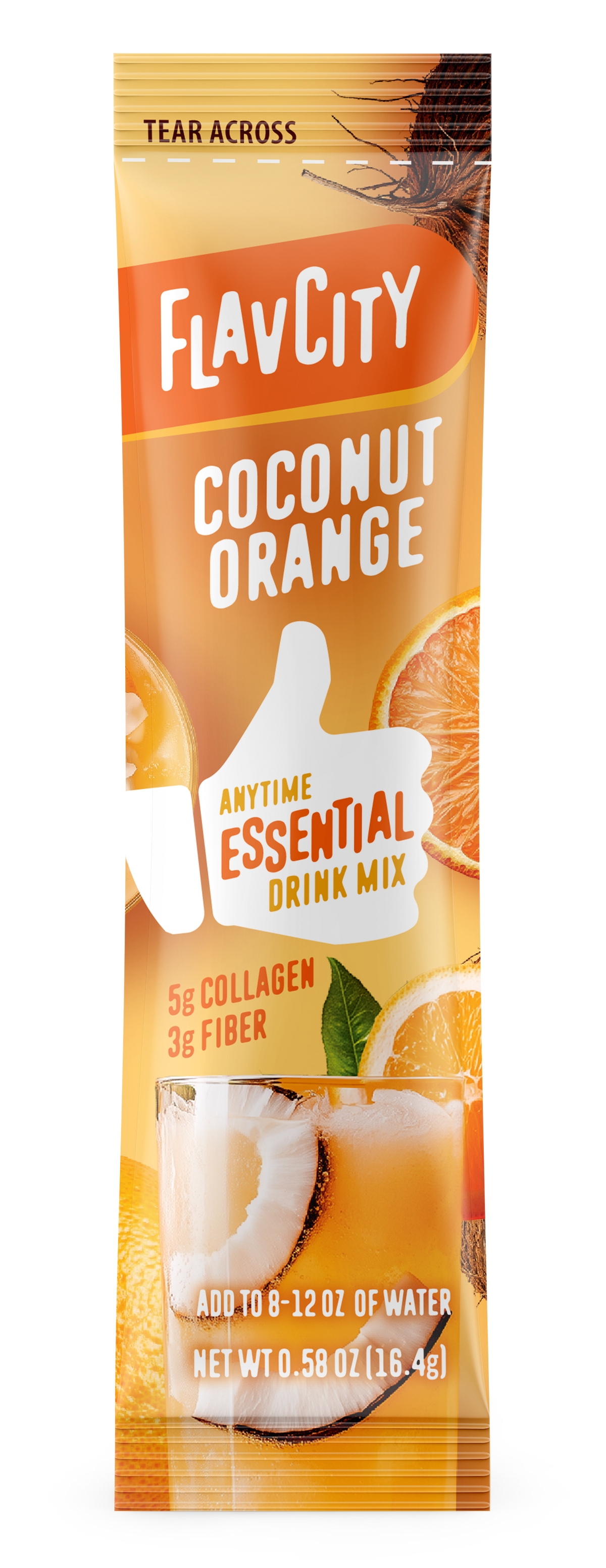 FlavCity Anytime Essentials Coconut Orange drink mix package with a white background