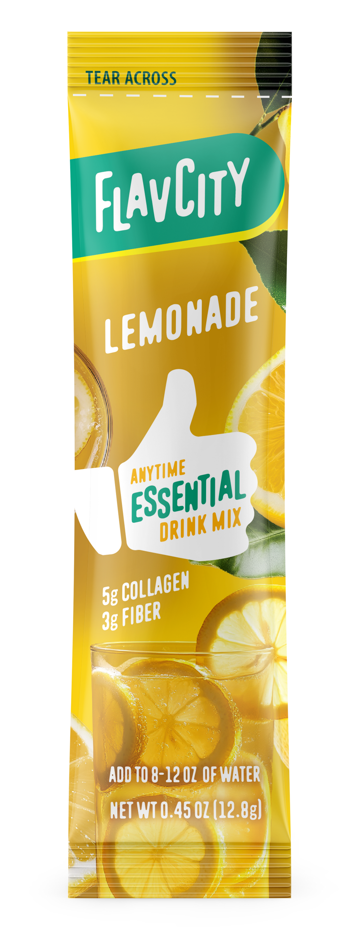 Front view of FlavCity Anytime Essentials Drink Mix Lemonade package with bold branding, flavor name, and bright yellow fruit graphics on a vibrant background.